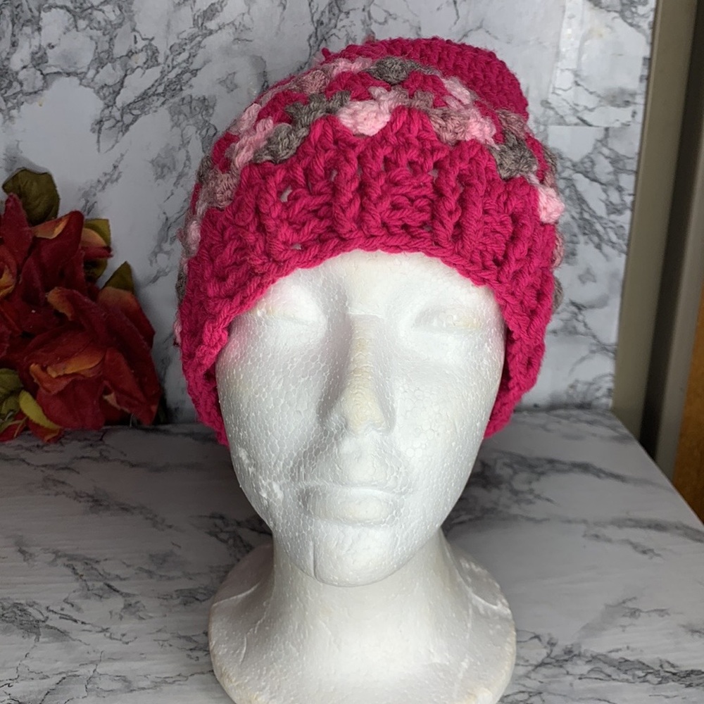 Handmade Bright Fuchsia Pink Chunky Knit Floral Beanie with Pom Pom - Picture 2 of 7
